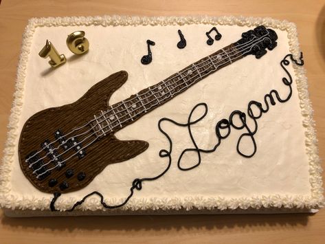 Made this Bass Guitar Cake for my son’s 16th birthday. Bass Guitar Cake, Guitar Cupcakes, Basketball Birthday Cake, Boy 16th Birthday, Guitar Cake, 5 Birthday, Basketball Birthday, Guitar Sheet, 16th Birthday Party