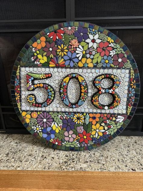 Mosaic Lovers | My daughter asked me to mosaic a house number plaque for her home in California Mosaic House Numbers, Mosaic Numbers, Purple Front Doors, Garden Mosaics, House Number Plaque, Mosaic Pieces, Mosaic House, Mosaic Garden, Mosaic Projects