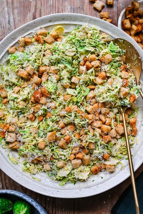 Brussels Sprout Caesar Salad - Crowded Kitchen Brussel Sprout Caesar Salad, Crowded Kitchen, Sprout Salad, Prep Lunch, Shredded Brussel Sprouts, Berry Salad, Grilled Tofu, Green Clean, Brussels Sprout