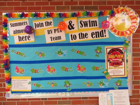 Summers almost here, JOIN the Team and Swim to the End! Swim Team Bulletin Board Ideas, Team Bulletin Board Ideas, Team Bulletin Board, Pta Themes, Sports Bulletin Boards, Work Mood, Sports Theme Classroom, Olympic Theme, Sports Classroom