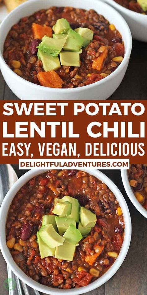 This simple recipe for easy vegan chili, packed with lentils and sweet potatoes is the best hearty meal for busy weeknights. Whether you use a slow cooker or an Instant Pot, this delicious dish is low-effort, naturally gluten-free, and plant-based. The recipe makes a generous batch, perfect for leftovers, so you can enjoy it for lunch or dinner. Add this vegetarian chili to your list of cozy fall and winter vegan recipes! Sweet Potato Vegan Chili, Lentil Sweet Potato Chili, Lentil Chili Instant Pot, Chili No Beans Recipe, Anti Inflammation Diet Recipes, Winter Vegan Recipes, Chili No Beans, Lentil Sweet Potato, Easy Vegan Chili