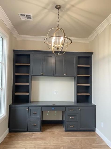 Desk And Bookcase Combo, Built In Office Desk And Cabinets Small Space, Built In Office Desk And Cabinets Hidden, Cabinet Desk, Cupboard With Desk Built Ins, Home Office Using Kitchen Cabinets, Home Office Ideas With Built Ins, Wall Unit With Desk Built In, Built In Desk In Bedroom