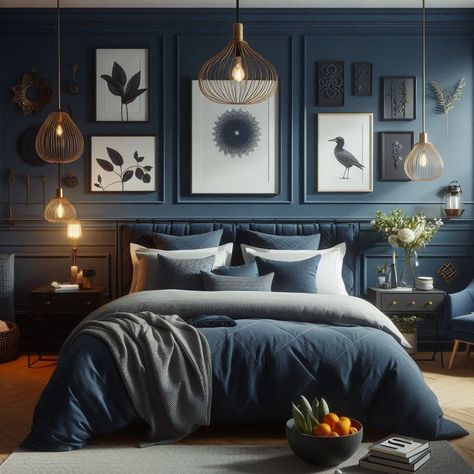 Navy Blue Bedroom Navy Grey Gold Bedroom, Navy Wall Bedroom Ideas, Navy Blue Dark Academia Bedroom, Navy Blue Feature Wall Bedroom, Moody Coastal Bedroom, Blue Bedroo, Blue And Gold Room, Blue Feature Wall Bedroom, Midnight Blue Bedroom