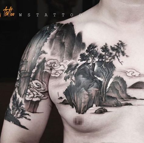 Asian Landscape, Chinese Tattoo, Hand Tattoos For Guys, Watercolor Mountains, Body Tattoos, Japan Fashion, China Fashion, I Tattoo, Hand Tattoos