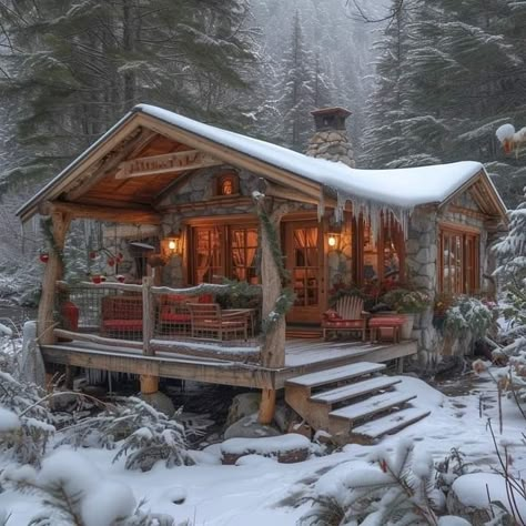 Old Log Cabin Homes, Candlestick Aesthetic, Rustic Tiny House Cabin, Cozy Winter Cabin Aesthetic, Cottage In Snow, Log Cabin Aesthetic, Snowy Log Cabin, Small Hunting Cabin, Snowy Cabin In The Woods