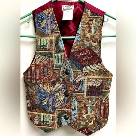 Man Vest, Tapestry Vest, Library Designs, Play Outfit, Denim Vests, Library Design, Atticus, Clothespins, Virtual Closet