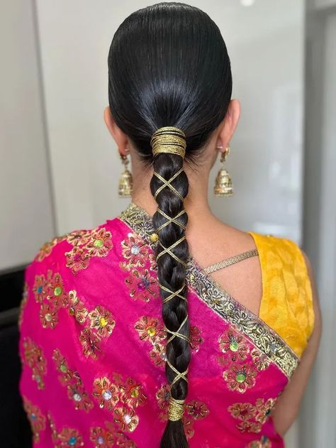 Wedding guest with punjabi braid Punjabi Style Hairstyle, Mendhi Hairstyles Bridesmaid, Navratri Braid Hairstyles, Punjabi Jaggo Hairstyles, Ponytail Hairstyles For Navratri, Garba Hairstyles Indian Braid, Gota Hairstyle, Jaggo Hair Styles Punjabi, Punjabi Hairstyles Braids