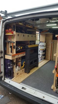 Van Racking Ideas Carpenter, Van Storage Ideas Tools, Work Van Storage, Work Van Storage Ideas, Van Shelving Ideas, Van Racking Ideas, Trailer Shelving, Work Truck Organization, Work Truck Storage