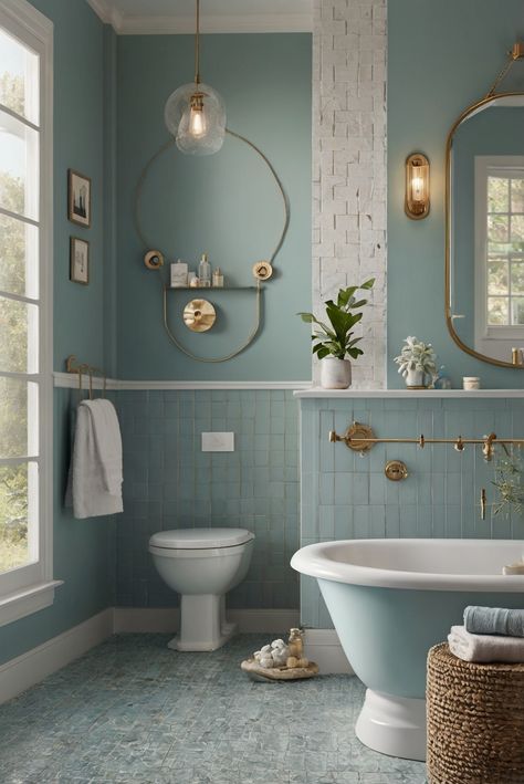 Step into your coastal bathroom retreat with the serene and peaceful vibes of Celestial (SW 6808). Dive into this daily routine for interior designers and elevate your space with heavenly decor touches. #Ad #homedecor #homedesign #bathroom #Painthome interiorarchitecture best Wall Colors for Bathroom Colors Bright Room Colors best colors combinations bathroom bathroom Remodeling Modern Paint Colors 2024 Lavender Bathroom Ideas Decor, Turquoise Bathroom Ideas, Small Colorful Bathroom, Guest Bathroom Decor Ideas, Soothing Bathroom, Bathroom Ideas Color, Blue And Gold Bathroom, Color Drenching, Bright Room Colors