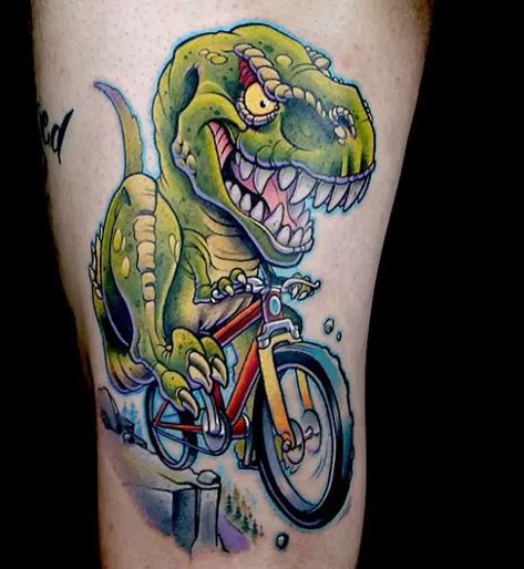 These are the 20 Best Tattoos Created on Ink Master in 11 Seasons - Tattoo Ideas, Artists and Models T Rex Tattoo, Ink Master Tattoos, Tattoo T, Bicycle Tattoo, Throat Tattoo, Dinosaur Tattoos, Bicep Tattoo, Artists And Models, New School Tattoo