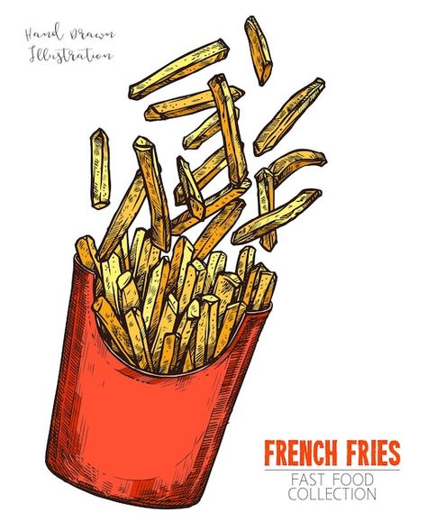 French Fries Illustration Art, Fries Box Design, French Fries Drawing, Fries Drawing, Practice Sketching, Yummy Fries, Plate Drawing, Art Walls, Inspiration Illustration