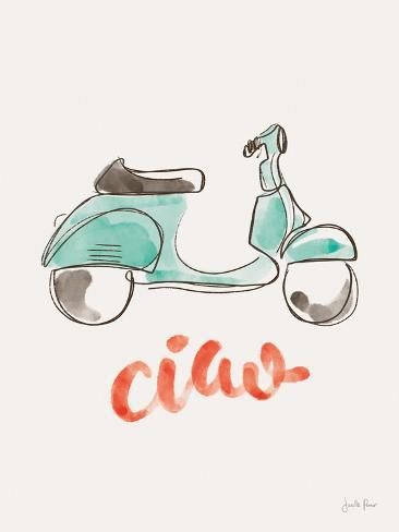 size: 12x9in Art Print: Ciao Vespa I by Janelle Penner : Vespa Illustration, Ocean Theme Classroom, Calendar Art, Doodle Art Flowers, Diy Watercolor Painting, Diy Watercolor, Canvas Home, Featured Artist, Wall Hooks