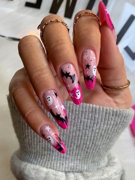 Spooky Szn Nail Ideas, Witch Nail Designs Halloween, Baddie Almond Nails Fall, Twilight Nails Designs, Hot Pink Spooky Nails, Sparkle Halloween Nails, Pink Fall Nail Ideas, Uñas Halloween Aesthetic, Halloween Nail Inspiration