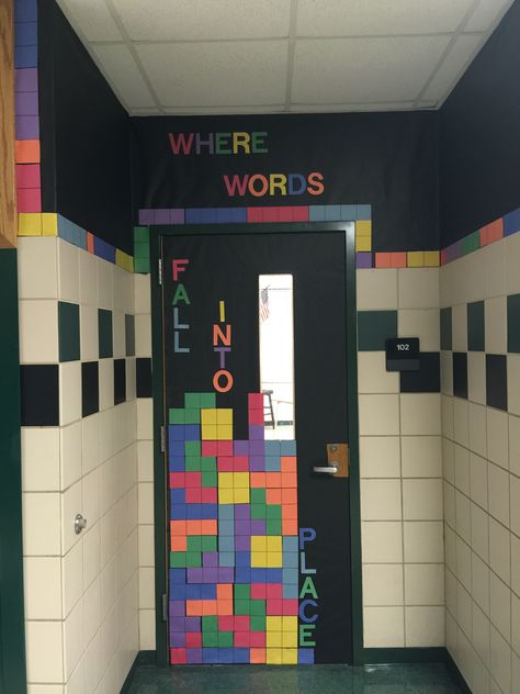 Game Classroom Door Ideas, Tetris Classroom Theme, Tetris Classroom Door, Game On Classroom Door, Gaming Door Decorations, Board Game Door Decorations, Tetris Door Decoration, Video Game Door Decorations, Tetris Decor