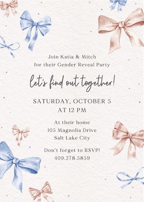 Painted Bows - Gender Reveal Invitation Template (Free) | Greetings Island Gender Reveal Ideas For Party Invitation, Gender Reveal Party Invitations Template, Gender Reveal Invite Ideas, Gender Reveal Invitation Ideas Template, Gender Reveal Invites Template, Gender Reveal Invitations Ideas, Gender Reveal Invitations Template Free, Gender Reveal Quotes, Gender Reveal Party Invites