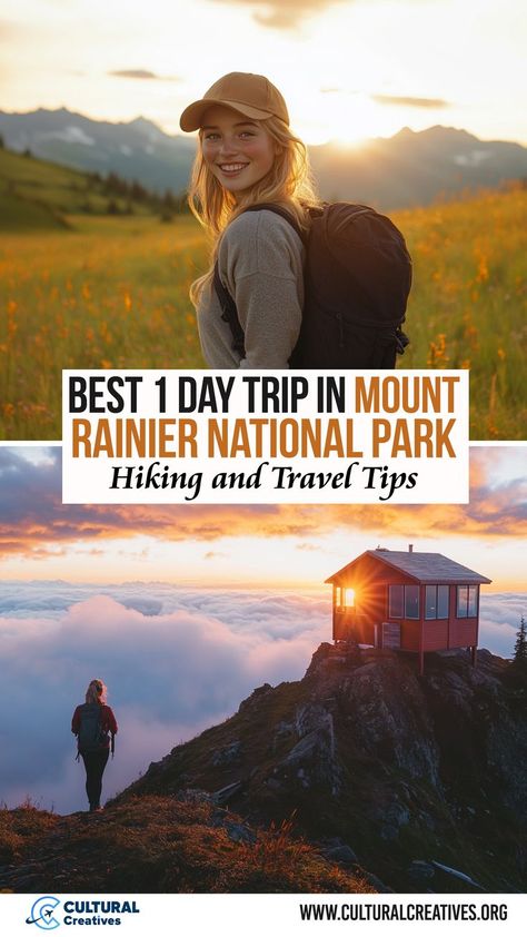 Best 1 Day Trip in Mount Rainier National Park, showing a smiling hiker in a sunlit meadow and a lone traveler standing on a cliff near a fire lookout as the sun sets over a sea of clouds. 1 Day Trip, Washington State Travel, Mt Rainier National Park, Peaceful Moments, Hiking National Parks, Tourist Sites, Hiking Guide, Mount Rainier National Park, Rainier National Park