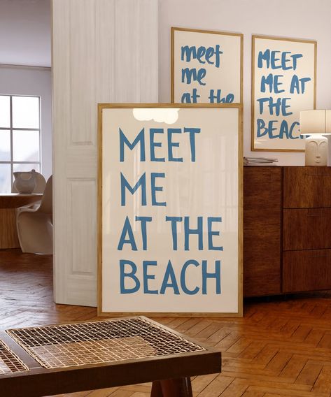 Meet Me at the Beach Poster, Summer Beach Coastal Art Typography Poster Beach House Decor, Beach Vintage Wallart, Meet Me at the Beach Print - Etsy Retro Beach House Decor, Maximalist Beach House, Colorful Beach House Decor, Retro Beach House, Meet Me At The Beach, Blue Typography, Beach House Aesthetic, Poster Beach, Beach Vintage