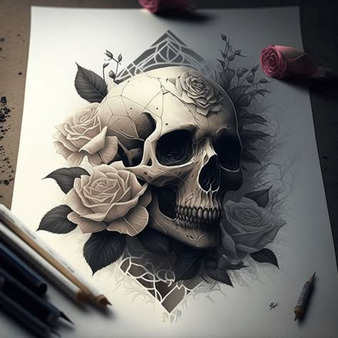 Skull Roses Tattoo Design, Tattoo Ideas Female Skull For Women, Cool Skull Tattoos For Women, Skulls And Flowers Art, Skull Back Tattoos For Women, Skull With Hair Tattoo, Skull And Roses Art, Elegant Skull Tattoo, Anatomical Skull Tattoo