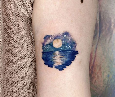 Night Beach Tattoo, Moon Over Water Tattoo, Beach At Night Tattoo, Moon And Water Tattoos, Moon Star Ocean Tattoo, Moonlight Tattoo Ideas, Eclectic Tattoos, Watercolor Night Sky Tattoo, Watercolor Moon Tattoo