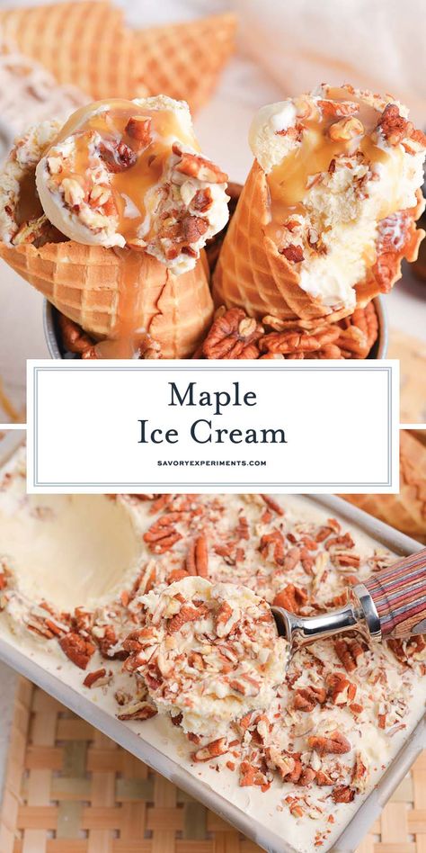 This creamy Maple Ice Cream with pecans is a homemade vanilla ice cream flavored with real maple syrup that will knock your fuzzy socks off! Maple Ice Cream Recipe, Maple Ice Cream, Kitchen Aid Ice Cream, Frozen Treats Recipes, Parties Food, Vanilla Ice Cream Recipe, Ice Cream Maker Recipes, Homemade Vanilla Ice Cream, Frozen Dessert Recipe