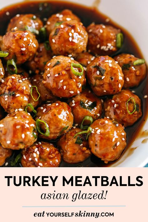 These tender Asian Glazed Turkey Meatballs are coated in the most delicious sticky sweet sauce and easily made in less than 30 minutes! Glazed Turkey Meatballs, Glazed Turkey, Turkey Meatballs Healthy, Ground Turkey Meatballs, Ground Turkey Recipes Healthy, Healthy Ground Turkey, Glazed Meatballs, Low Carb Meatballs, Turkey Glaze