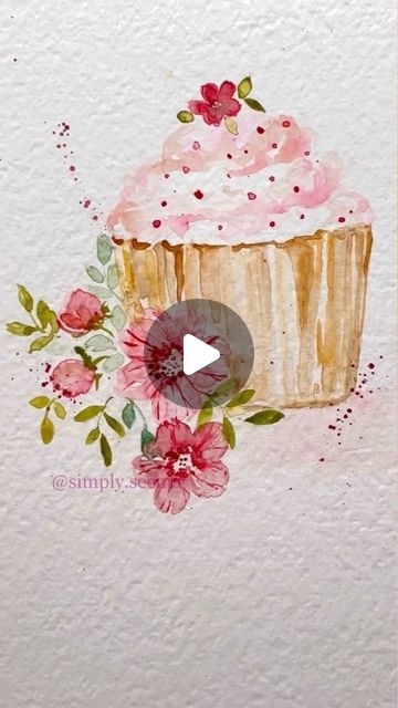 Watercolor Cupcake Painting, Watercolour Cupcake, Watercolor Birthday Cards Ideas, Watercolor Flowers Paintings Tutorials, Cupcake Watercolor, Birthday Watercolor Painting, Watercolor Cupcake, Watercolour Birthday Card, Watercolor Birthday Card Ideas