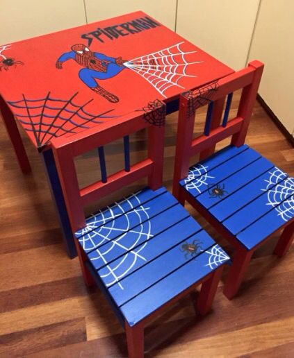 Spiderman desk and chairs Spiderman Dresser Diy, Spider Man Furniture, Spiderman Wall Art Diy, Spiderman Room Ideas Diy, Kids Spiderman Bedroom, Spiderman Furniture, Spiderman Bedroom Aesthetic, Spiderman Bedroom Ideas Kid Rooms, Spider Man Room Ideas