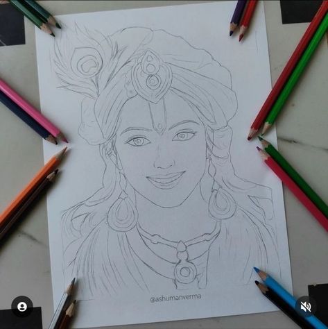 Narayan Sketch, Indian Goddess Drawing, Lord Krishna Sketch Pencil Easy, Narayan Drawing, Radhe Drawing, Krishna Sketch Pencil Creative, Devotional Drawings, Lord Krishna Drawing Pencil, Radha Krishna Drawing Pencil Easy