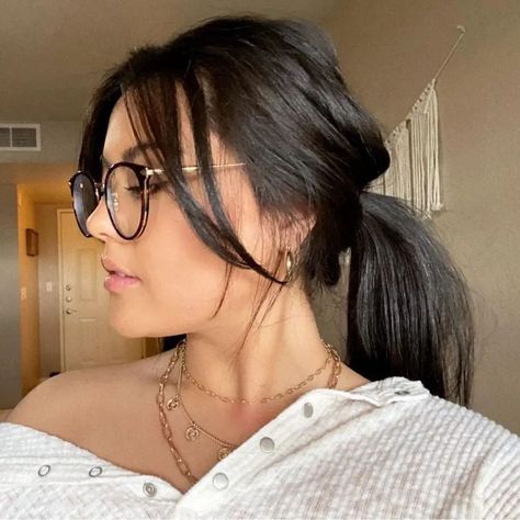 Curtain Bangs Medium Hair Ponytail, Curtain Bangs In A Bun, Curtain Bangs Long Hair With Glasses, Long Curtain Bangs Updo, Long Curtain Bangs With Glasses, Glasses And Curtain Bangs, Long Ponytail With Bangs, Curtain Bangs In Ponytail, Curtain Bangs And Glasses