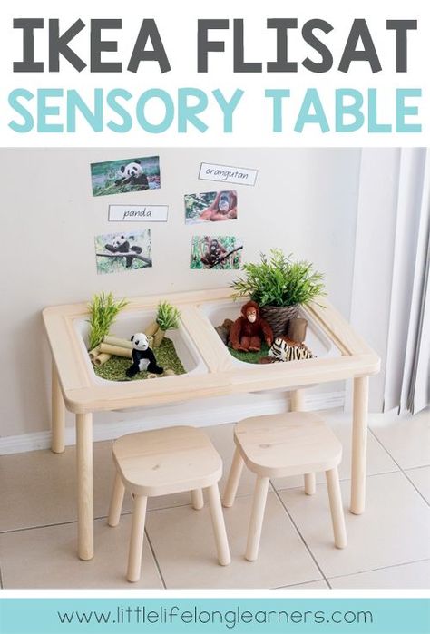 IKEA FLISAT sensory table | Sensory play tub ideas for toddlers and preschoolers | play ideas for the early years | IKEA in the home and classroom | IKEA hacks | Endangered animals DJUNGELSKOG range | Flisat Sensory Table, Ikea Flisat, Montessori Playroom, Tub Ideas, Toddler Sensory, Childrens Table, Home Daycare, Sensory Room, Sensory Table