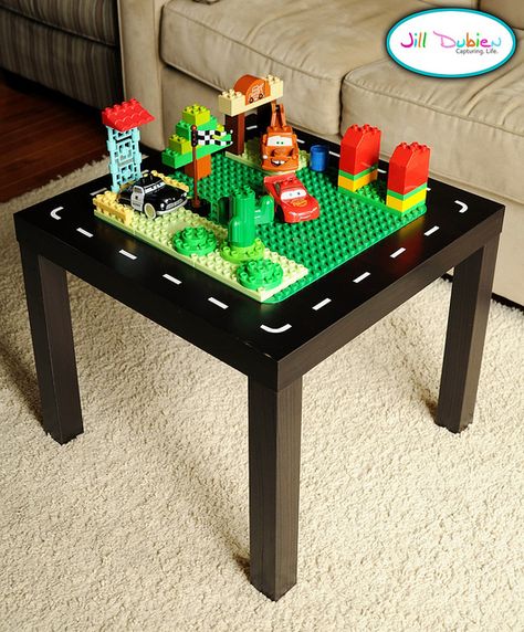 lego table. Or...dare I say it?  A small TRAIN table. (Have I mentioned Luca's obsession with trains?) Table Lego Diy, Table Lego, Lego Table Diy, Lack Table, Ikea Lack Table, Car Table, Diy Lego, Lego Table, Toddler Playroom