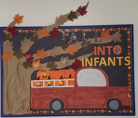 Infant room bulletin board, pumpkins, truck, fall, leaves Fall Bulletin Boards Infant Room, Infant Room Door Decorations Fall, Fall Daycare Window Ideas, Fall Bulletin Boards For Daycare Infants, Truck Bulletin Board Ideas, Fall Truck Bulletin Board, Fall Infant Door Ideas, Infant Fall Bulletin Board Ideas, Fall Infant Bulletin Boards