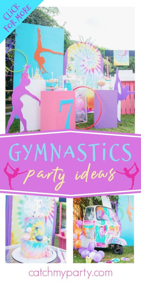 Tumbling Party Ideas, Gymnastics Birthday Party Activities, Gymnastics Birthday Party Games, Gymnastic Party Decorations, Gymnastics Party Theme, Tie Dye Birthday Party Decorations, Gymnastics Theme Birthday Party Cake, Tumbling Birthday Party Ideas, Gymnastic Party Ideas