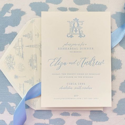 || Eliza + Andrew || Featuring a carolina blue letterpress, vintage monogram, and custom envelope liner, this rehearsal dinner invite is fit for a proper southern soirée • hand drawn envelope liner with elements unique to Charleston, South Carolina designed by our very talented @hannsnleggs if you can dream it, we can design it! #fairhopealabama #mobilealabama #RehearsalDinner #RehearsalDinnerInvitations #WeddingRehearsal #RehearsalDinnerIdeas #RehearsalDinnerParty #RehearsalDinnerDecor #Pr... Rehearsal Dinner Invitation Ideas, Rehearsal Dinner Fun, Rehearsal Dinner Inspiration, Rehearsal Dinner Invite, Custom Envelope, Engagement Celebration, Wedding Vision, Envelope Liner, Rehearsal Dinner Invitations