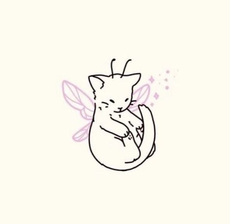 Sleepy Cat Tattoo, Tattoo Simple Aesthetic, Cute Anime Tattoos Small, Tiny Cat Tattoo Simple, Cat Tattoo Aesthetic, Cat Tattoos Simple, Cat With Wings Tattoo, Kitten Tattoo Ideas, Fairy Cat Tattoo