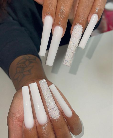 Glittery Acrylic Nails, Long White Nails, White Stiletto Nails, Long Square Nails, Glitter Nails Acrylic, Purple Nail Designs, Winter Nails Acrylic, White Acrylic Nails, Fall Acrylic Nails