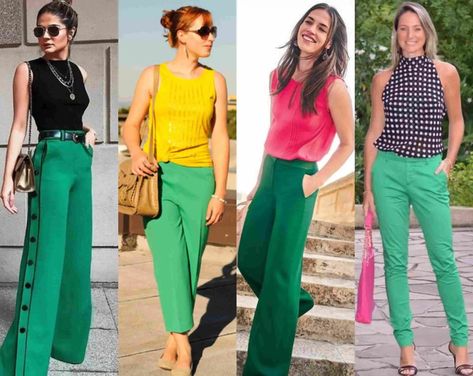 Green Trousers Black Top Outfit, Work Outfits Green Pants, Green Pants Ideas Outfit, Kelly Green Pants Outfit Summer, Green Casual Pants Outfit, Kelly Green Wide Leg Pants Outfit, Women Green Pants Outfit, Bright Green Shirt Outfit Women, Kelly Green Pants Outfit Work