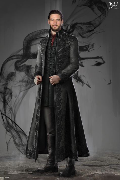 "Our key task was to help Wendy Patridge (the costume designer) by providing detailed concepts that showcased her vision for the key costumes," says Pixoloid Studios. See the "Shadow and Bone - Kirigan - Darkling costume design" artwork on ArtStation. 2021 © Netflix. Gothic Fashion Men, Shadow Bone, Molduras Vintage, The Darkling, Shadow And Bone, The Grisha Trilogy, Ben Barnes, Costume Designer, The Shadow