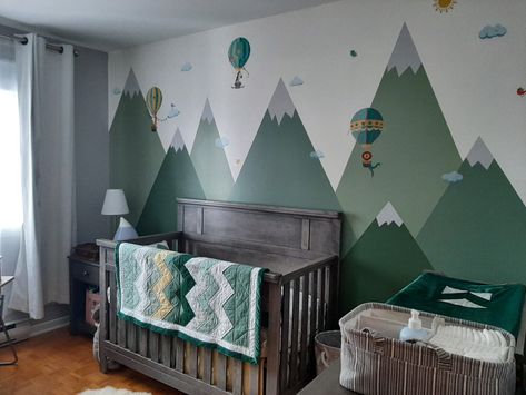 Green Mountain Wall Mural, Green Mountain Mural Nursery, Nursery Wall Mountains, Kids Room Mountain Wall, Baby Room Mountains, Kids Mountain Bedroom, Green Toddler Room, Baby Room Wall Painting, Mountain Baby Room