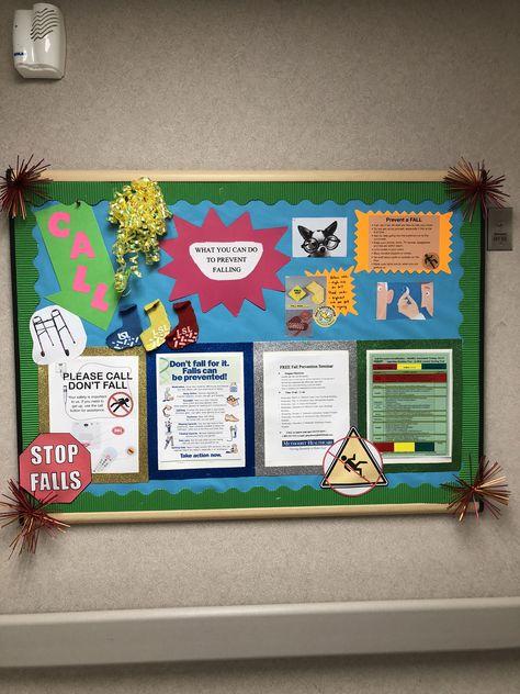 Call Don’t Fall Fall Prevention Bulletin Board Nursing, Patient Safety Poster Ideas, Fall Prevention Bulletin Board, Nursing Skills Fair Ideas, Nursing Competencies, Nursing Education Board Ideas, Patient Safety Week, Staff Bulletin Boards, Poster Board Ideas