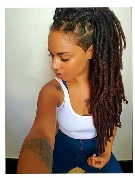 Shaved Side Tapered Locs Women, Locs Undercut Women, Undercut Locs Women, Faux Dreadlocks, Side Shaved, Thick Locs, Braids With Shaved Sides, Shaved Side, Shaved Side Hairstyles