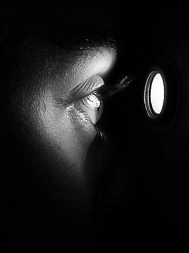 I dare not look at myself as I am in the presence of others.  There is a peephole through which everything about me can be known, but I am the only eyes that look through it. Squaring The Circle, Peeping Tom, Visual Media, Tv Movie, Black White Photos, Black N White, The Villain, Black Art, Belle Photo