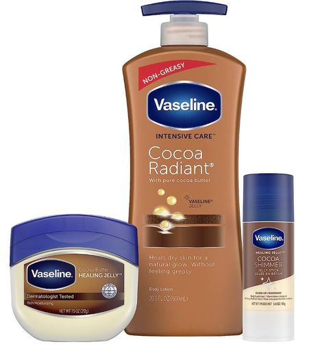 Vaseline Intensive Care Cocoa Radiant 3-Piece Bundle - Moisturizing Lotion (20.3 oz), Healing Jelly (7.5 oz), Shimmer Stick (1.4 oz) for Sensitive, Dry Skin Vaseline Intensive Care Cocoa Radiant, Vaseline Cocoa Butter, Vaseline Intensive Care, Pure Cocoa Butter, Vaseline Jelly, Healing Dry Skin, Body Butters Recipe, Moisturized Skin, Body Balm