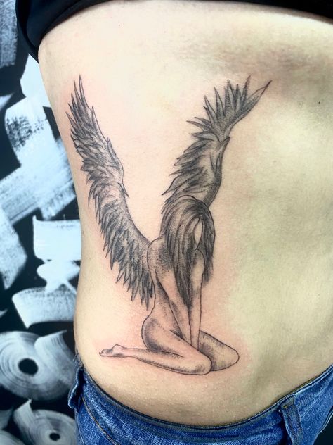 fallen Angel tattoo Small Fallen Angel Tattoo, Angel On Fire Tattoo, Fallen Angel Tattoo For Women, Angel Girl Tattoo, Falling Angel Tattoo, Angel Hand Tattoo, Cool Animal Tattoos, Fallen Angel Wings, Angel Tattoo For Women