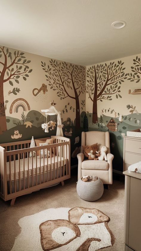 Create a warm and nature-inspired nursery with these 12 whimsical woodland themes. Discover unique ways to bring the outdoors inside, with ideas that range from forest murals and rustic furniture to cute woodland animal decor. Perfect for parents looking to foster a love for nature in their little one, these nursery designs combine playful accents and soothing color palettes to craft a cozy, imaginative environment that feels like a fairytale forest. Nature Mural Nursery, Nursery Mural Ideas Diy, Farm Nursery Ideas, Earthy Nursery Ideas, Forest Nursery Ideas, Forest Nursery Girl, Forest Murals, Enchanted Forest Nursery Theme, Whimsical Woodland Nursery