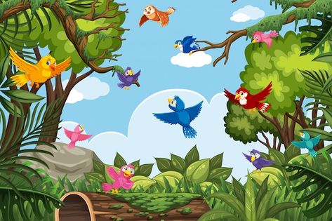 Vector colorful birds in jungle scene | Premium Vector #Freepik #vector #cute-bird #nature-animal #bird-tree #bird Birds Theme, Diwali Pictures, Jungle Birds, Jungle Scene, Bird Theme, Mommy Style, Colorful Birds, Girly Art, Vector Photo