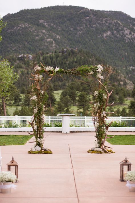 Antler Wedding Decor, Big Sky Wedding, Deer Antler Wedding, Rustic Arbor, Stanley Hotel, The Stanley Hotel, Wedding Arbors, Antler Wedding, Wedding Archway