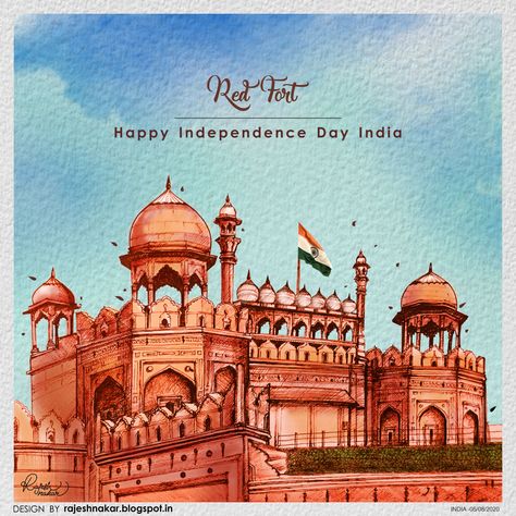 My Favorite Monument Drawing, Independence Day Illustration India, Red Fort Drawing Sketch, Red Fort Delhi Drawing, Monuments Of India Sketch, Red Fort Painting, Red Fort Illustration, Indian Monuments Paintings, Happy Independence Day India Art