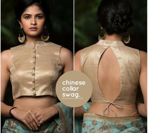 Chinese collar blouse Golden Blouse Designs, Sleeveless Blouse Designs, Sleeveless Blouse Saree, Blouse Sari, House Of Blouse, Blouse Indian, Choli Blouse, Backless Blouse Designs, Lehenga Blouse Designs