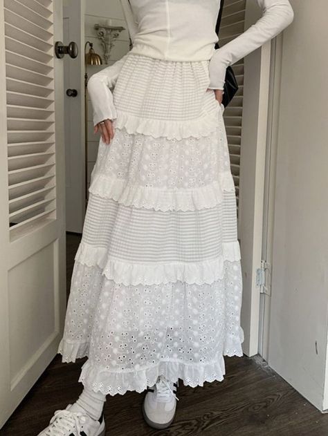 Style:Casual/Street/Sweet/Vintage Fabric Content:Polyester Fit Type:Regular fit Length:Midi Occasion:Going Out/ Casual Flower Midi Skirt, Long Dress Patterns, Long Tutu, Midi Skirt Spring, White Long Skirt, Maxi Lace Skirt, Cake Lace, Dress Cake, Long Skirts For Women